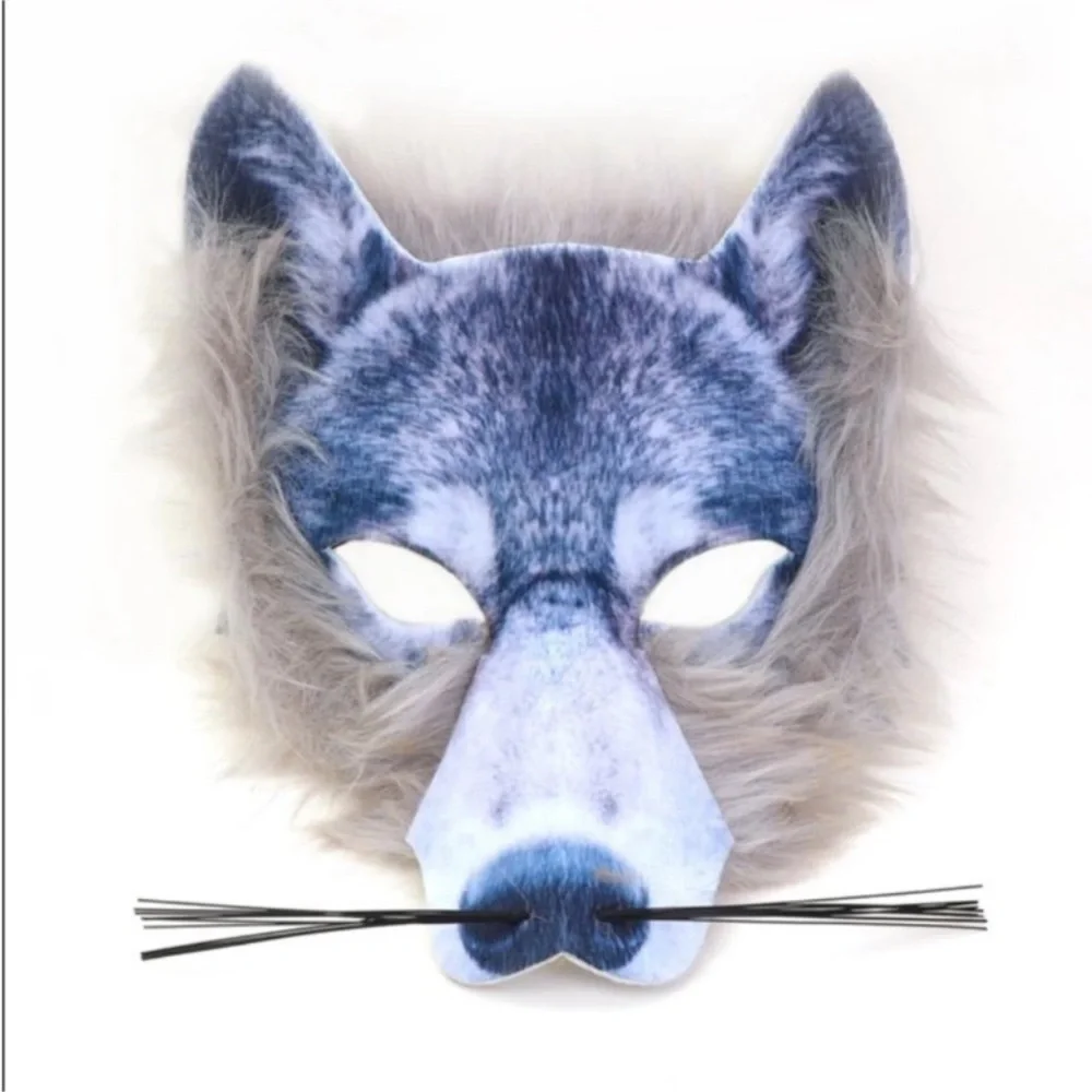 Plush Faux Fur Wolf Mask in Gray-Blue with Whiskers